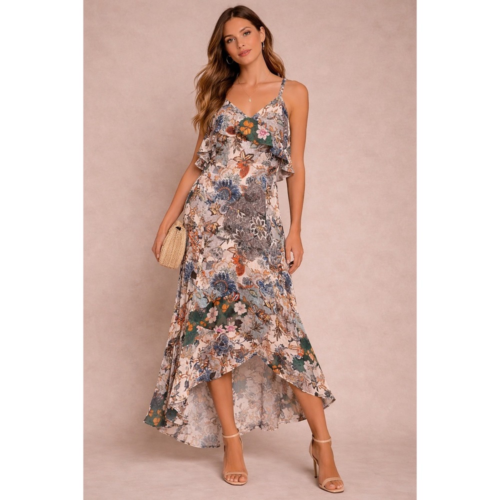Rachel Roy Floral High Low Dress Ruffle Chiffon Boho Romantic‎ Cottagecore Sz 4
